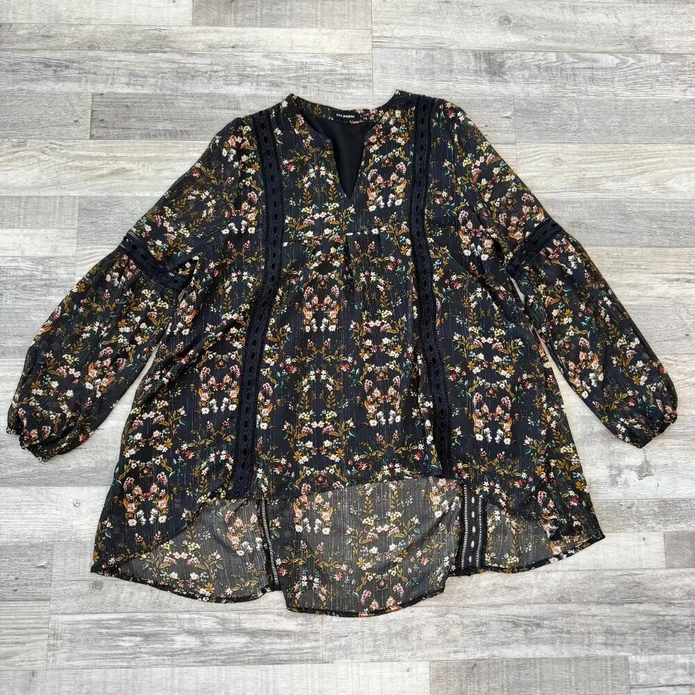 Blu Pepper black floral lightweight long sleeve blouse boho size large R19